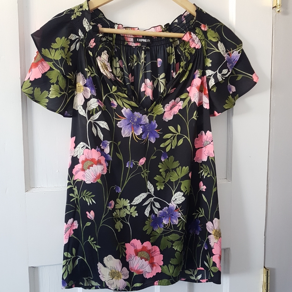 Express Y2K Split Neck Flutter Sleeve Floral Print Blouse Multi Color Sz M